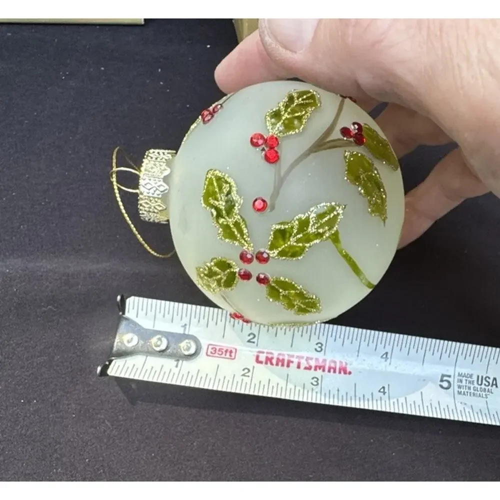 Vintage Pier 1 Christmas Ornament Frosted Jeweled Glass Holly Berries -S1T